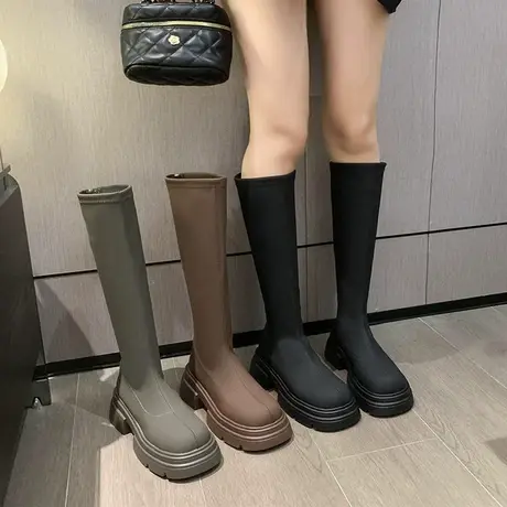 靴子女2023新款高级粗跟春秋时尚瘦瘦靴配裙子法式厚底增高骑士靴图片
