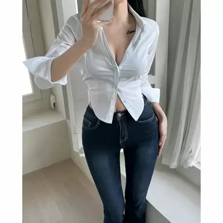 现货 Onoev新款收腰翻领显身材长袖衬衫不规则性感商品大图