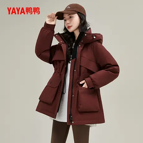 鸭鸭羽绒服女中长款2024冬季新品简约时尚百搭连帽鸭绒保暖外套商品大图