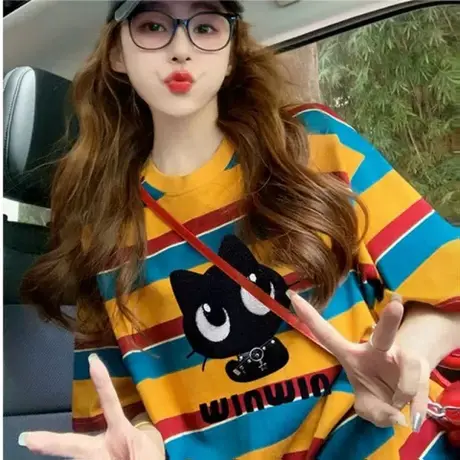 大码女装胖mm条纹短袖t恤女2025夏季新款宽松洋气减龄学生上衣服图片