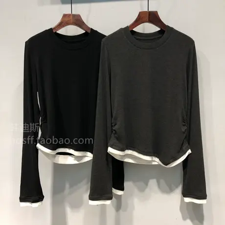 2023秋装 韩国ulzzang新款撞色拼接下摆斜边显瘦假两件长袖T恤女商品大图