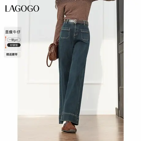 LAGOGO复古高腰显瘦直筒牛仔裤女拉谷谷2024冬季新款宽松舒适长裤商品大图