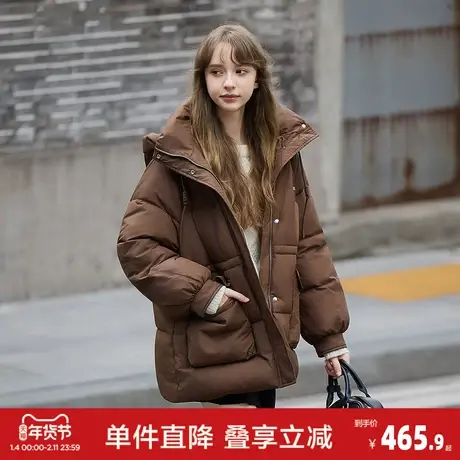 唐狮2026秋冬季棕色短款羽绒服女连帽收腰设计百搭时尚德美拉羽绒商品大图