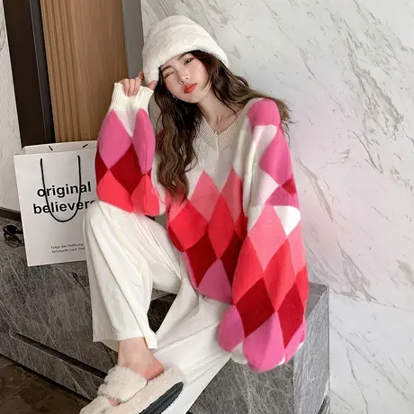 唐狮秋冬季毛衣女彩色菱形格设计感V领套头慵懒风高级感TU商品大图