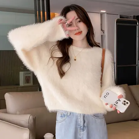 唐狮秋冬毛绒绒温暖圆领套头毛衣女时尚小个子百搭气质减龄潮TM图片