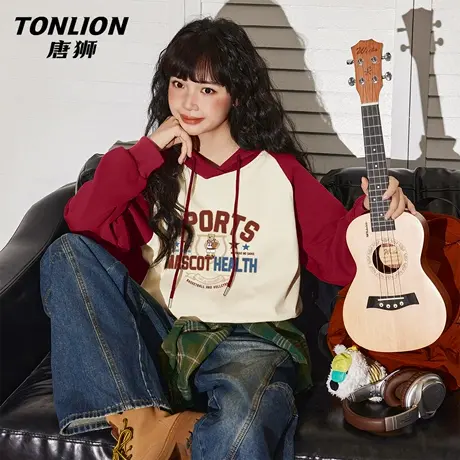唐狮官方撞色卫衣女2026新款春季短款帽衫外套美式学院印花上衣VC图片