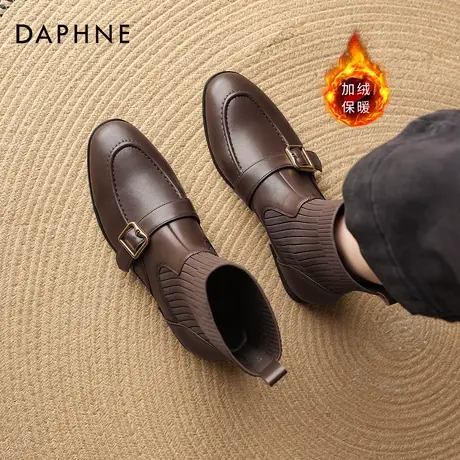 达芙妮加绒短靴女2026新款冬季复古棕色金属扣瘦瘦靴低跟保暖女靴商品大图