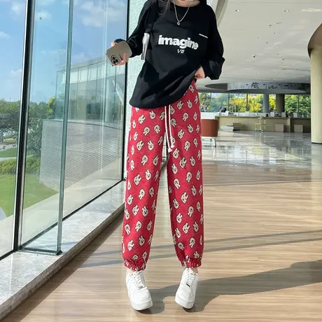 小白兔印花毛呢直筒哈伦裤女秋冬高腰宽松显瘦加厚羊绒束脚休闲裤图片