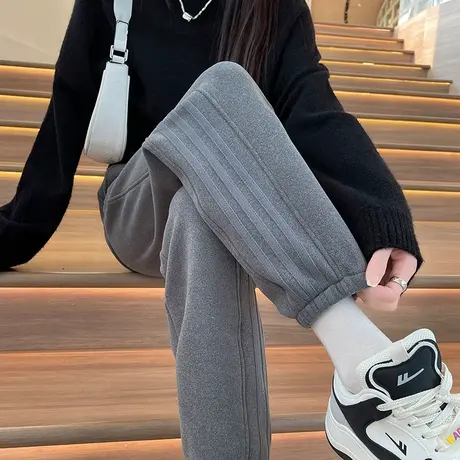 运动裤女秋冬季小个子2023新款高腰宽松束脚休闲百搭加绒灯笼卫裤图片