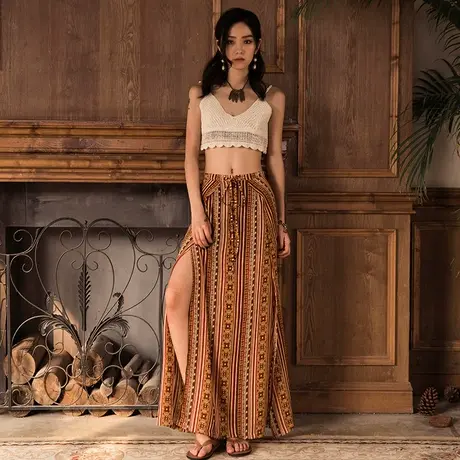 弥古波西米亚民族风阔腿裤裙裤开叉裤夏女雪纺拖地长裤度假沙滩裤图片