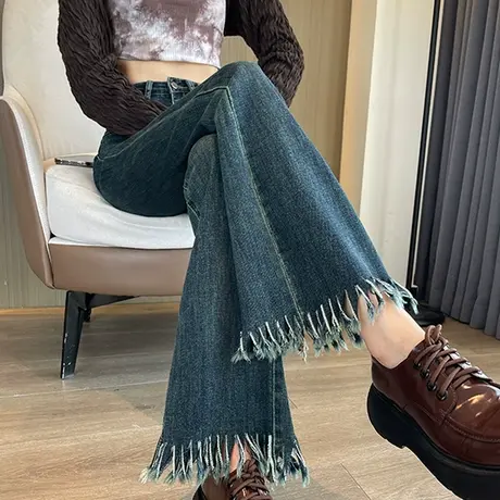 蓝色微喇牛仔裤女秋季2023年新款高腰修身显瘦百搭毛边喇叭马蹄裤商品大图