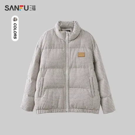 三福2023冬男士千鸟格纹绗缝短棉衣 保暖立领宽松外套男478077商品大图
