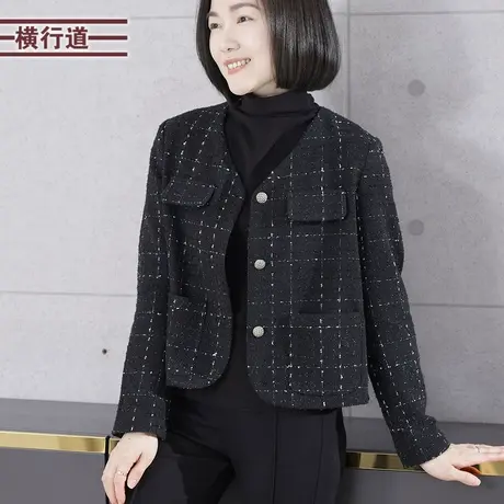 2023冬季新款法式V领小香风长袖外套女黑色短款夹克上衣女装外穿图片