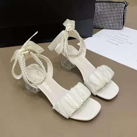 凉鞋女夏2023年新款小码粗跟水晶法式仙女珍珠罗马凉鞋ins仙女风商品大图