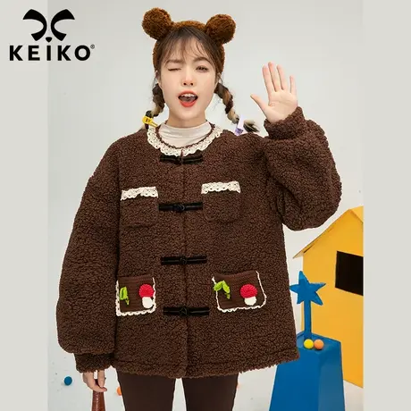 少女感针织花饰咖色羊羔毛外套女2022冬季新品保暖毛绒大衣棉袄商品大图