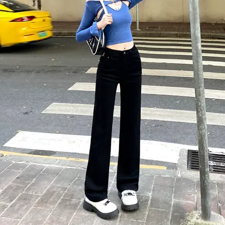 黑色高腰直筒牛仔裤女秋冬2023新款梨形身材显瘦窄版阔腿烟管裤子商品大图