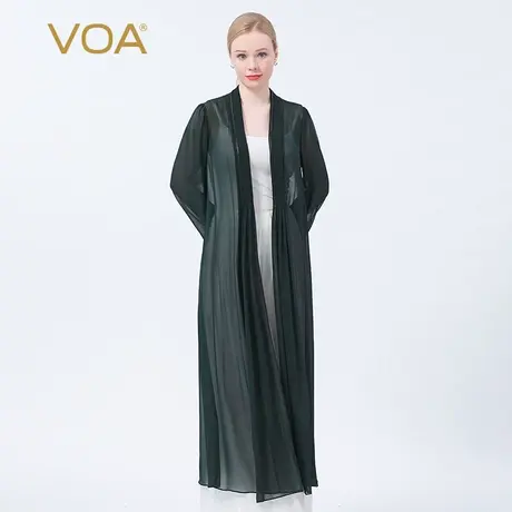 VOA真丝乔其墨绿褶皱明线装饰长袖空调房轻薄飘逸桑蚕丝外套商品大图