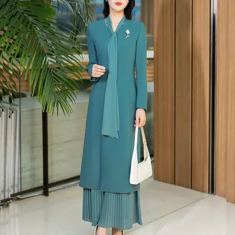 过膝连衣裙女春秋2024新款时尚气质端庄绿色修身显瘦长袖开叉裙子图片