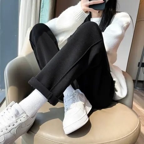 毛呢直筒裤女秋冬季新款宽松高腰显瘦卷边加厚休闲哈伦防风裤卫裤商品大图