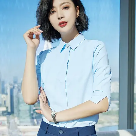 雀后职业衬衫女时尚洋气2023春季新款中袖正装工作服面试蓝色衬衣商品大图