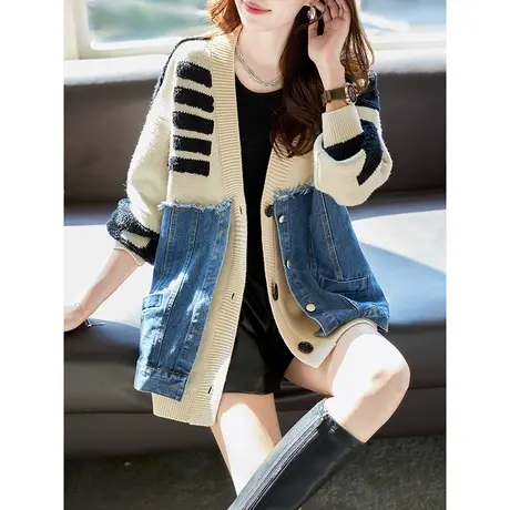 宝诗黎V领牛仔拼接针织开衫女设计感宽松时尚外套2023秋冬季新款商品大图