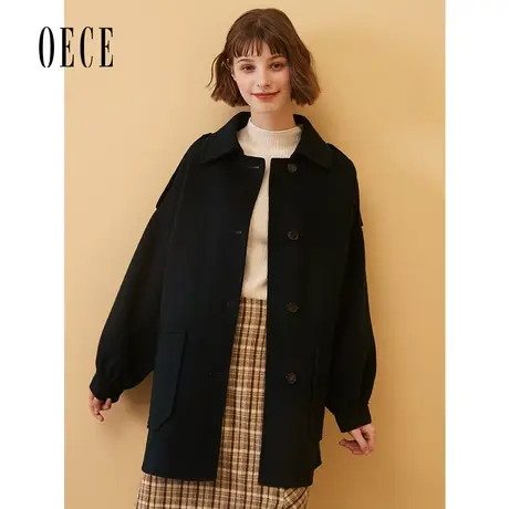 Oece秋冬季新款女装100%羊毛复古双面呢大衣中长外套图片