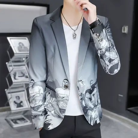 港士博西服外套男士春秋季韩版潮流帅气休闲渐变色小西装修身单西图片