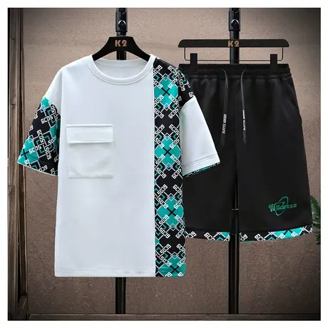 2023夏季新款运动套装男士韩版潮流嘻哈印花短袖短裤休闲两件装男图片