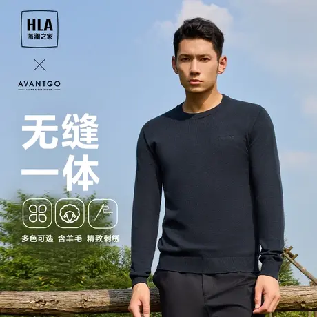 HLA/海澜之家轻商务长袖针织衫2023秋冬新款含羊毛圆领刺绣毛衣男图片