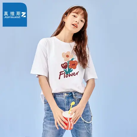 真维斯Z+夏季女款纯棉圆领宽松短袖上衣文艺街头印花潮流街头T恤图片