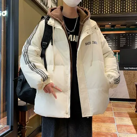 假两件棉服男秋冬季新款加厚保暖连帽棉袄外套男青少年面包服棉衣图片