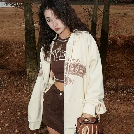 YEP美式复古连帽卫衣外套女春秋2025新款宽松休闲拉链开衫上衣ins商品大图