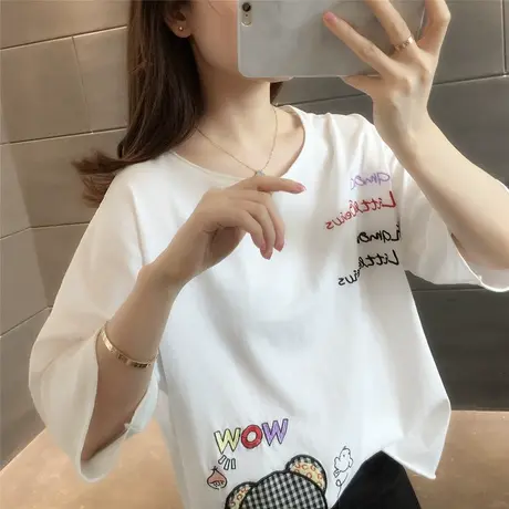 新款2023夏季韩版卡通小熊字母女纹刺绣贴布T恤宽松圆领短袖上衣图片