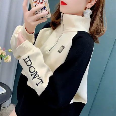 立领拼色半拉链卫衣女秋冬2021新款ins宽松韩版加绒加厚上衣外套商品大图