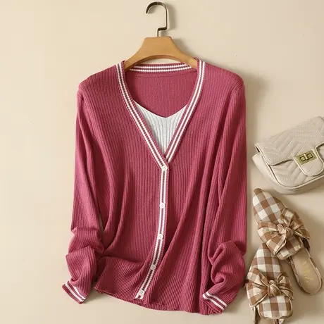 清仓！秋季新款针织羊毛衫女外搭毛衣外套长袖显瘦假开衫两件套商品大图