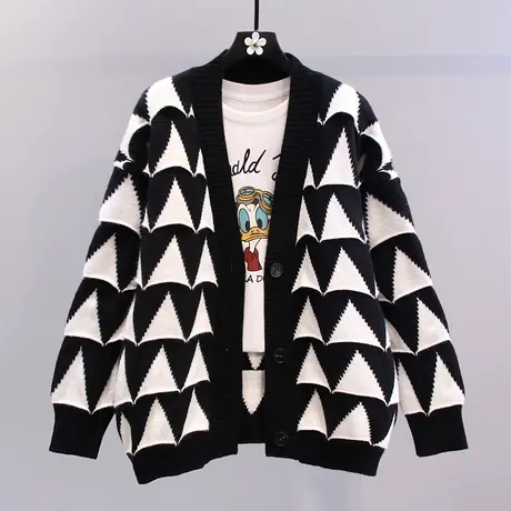 拼色V领毛衣外套女秋冬2023年新款宽松慵懒风外穿中长款针织开衫图片