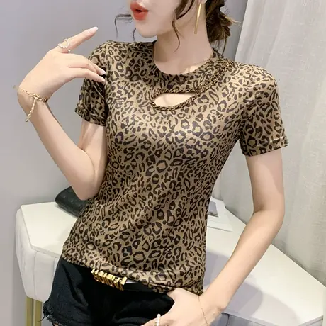 女装2023新款潮时尚豹纹T恤女短袖夏季性感镂空上衣洋气显瘦小衫商品大图