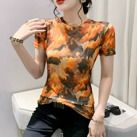 女装2024新款时尚网纱T恤短袖设计感小众印花上衣别致修身体恤衫图片