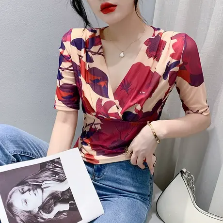 交叉V领网纱T恤女五分袖2024夏新款复古印花上衣气质修身收腰小衫商品大图