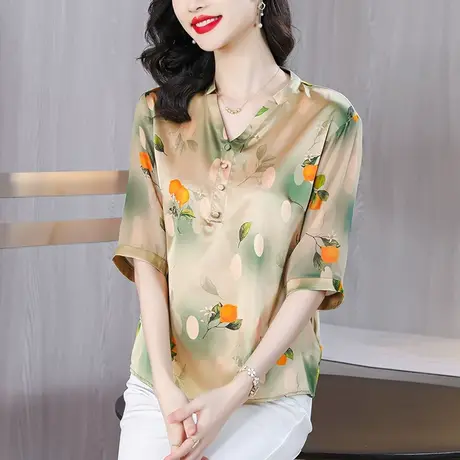 重磅真丝V领女士衬衫2023夏季中袖气质高级感妈妈装宽松显瘦小衫商品大图