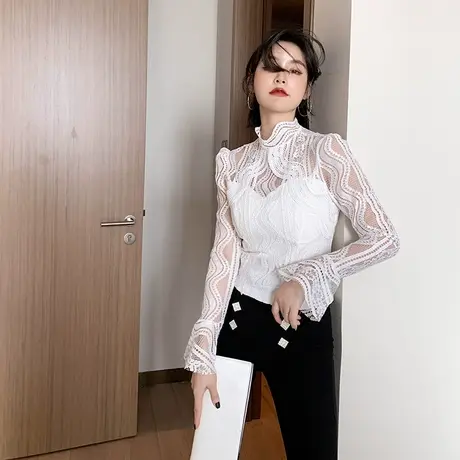 网红t恤女ins超火韩版chic上衣修身蕾丝白色小衫百搭透视时尚女装商品大图