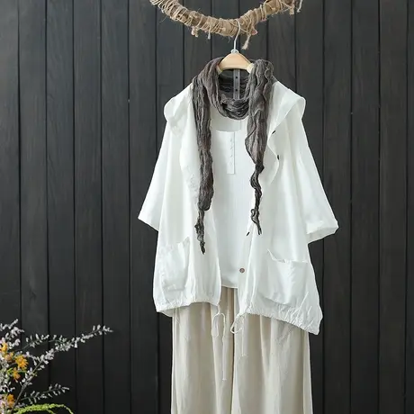 文艺复古纯色连帽衬衫女短袖夏季新款单排扣下摆收腰棉麻上衣外套图片