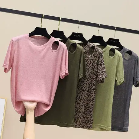 纯色百搭圆领露肩短袖T恤女2023夏季新款宽松打底冰丝针织衫上衣商品大图
