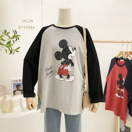 韩国东大门插肩袖T恤2021秋冬款卡通长袖磨毛加厚打底衫包臀大码图片