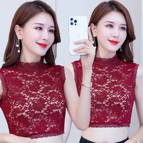 蕾丝打底衫女秋冬无袖内搭打底衫新款短款高级感大码紧身小衫上衣图片