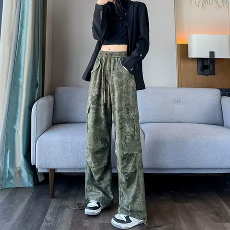 美式迷彩工装裤女春秋新款高腰显瘦休闲宽松直筒抽绳束脚阔腿裤图片
