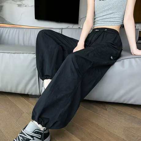 黑色美式速干工装裤女春秋新款松紧腰显瘦抽绳束脚冰丝阔腿哈伦裤商品大图
