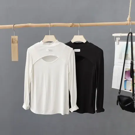 秋装新款时尚洋气半高领套头小众t恤衫女长袖百搭打底衫内搭上衣商品大图