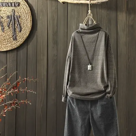 枫谜2019年秋冬新款文艺简约条纹半高领长袖T恤女宽松显瘦打底衫商品大图