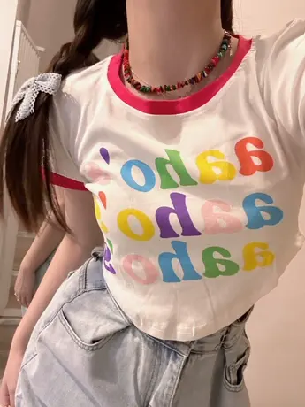 美式短款短袖T恤女彩色字母美式甜辣妹印花显瘦修身圆领露脐上衣商品大图